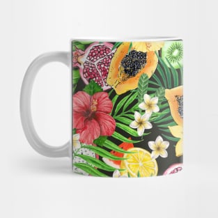 Tropical mix-fruit, flowers and leaves on black Mug